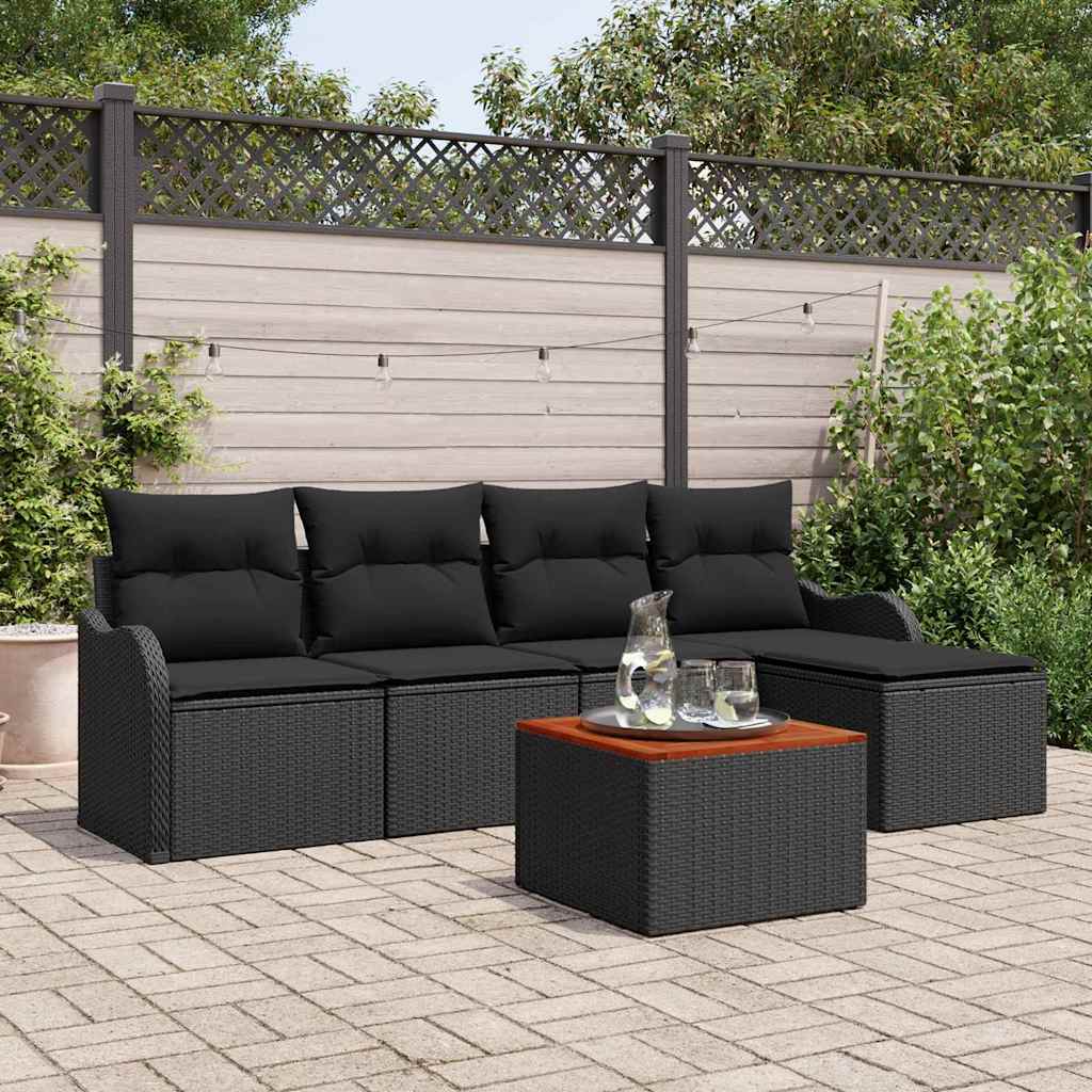 Set da Giardino  6 Pezzi con Cuscini in Rattan Sintetico Nero e Acacia. 3347443