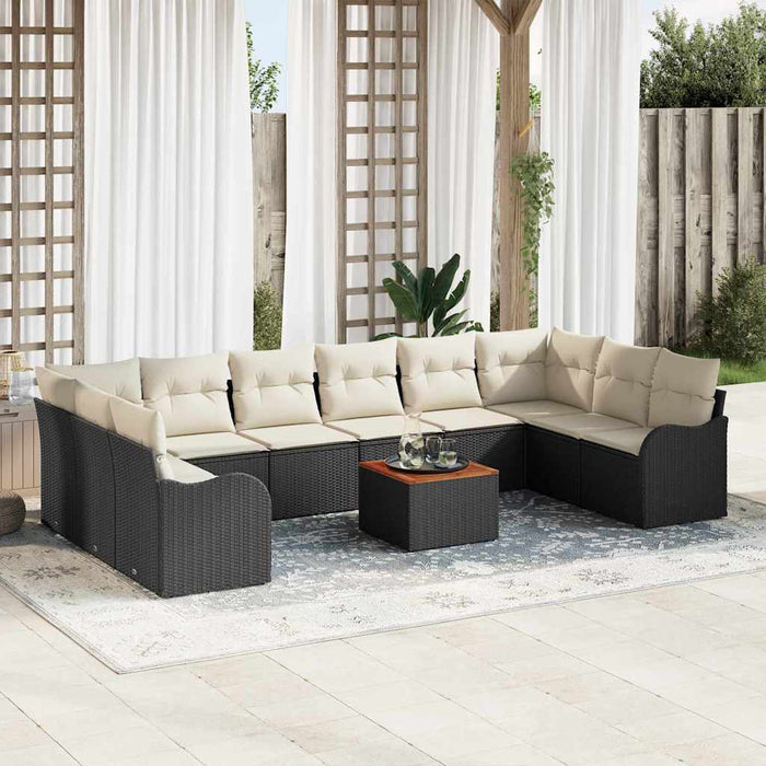 Set Divano da Giardino  11 Pezzi con Cuscini Nero Polyrattan Acacia 3347502