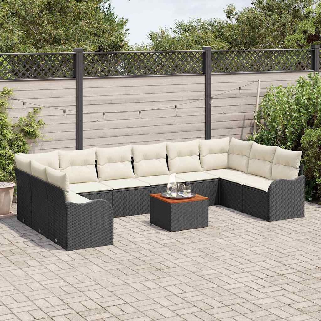 Set Divano da Giardino  11 Pezzi con Cuscini Nero Polyrattan Acacia 3347502