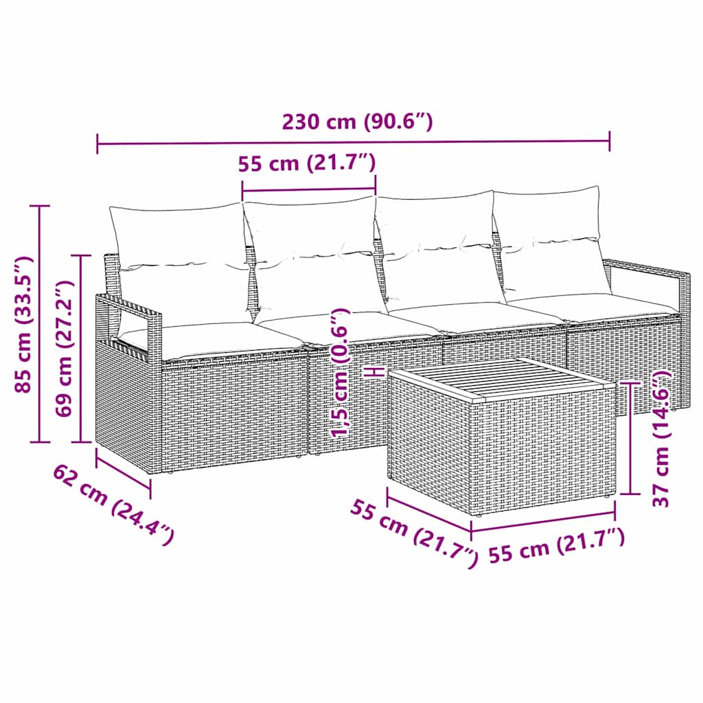 Set Divano da Giardino con cuscino 5 pz-Sofa da Giardino-Divanetto da esterno Nero polyrattan 700569