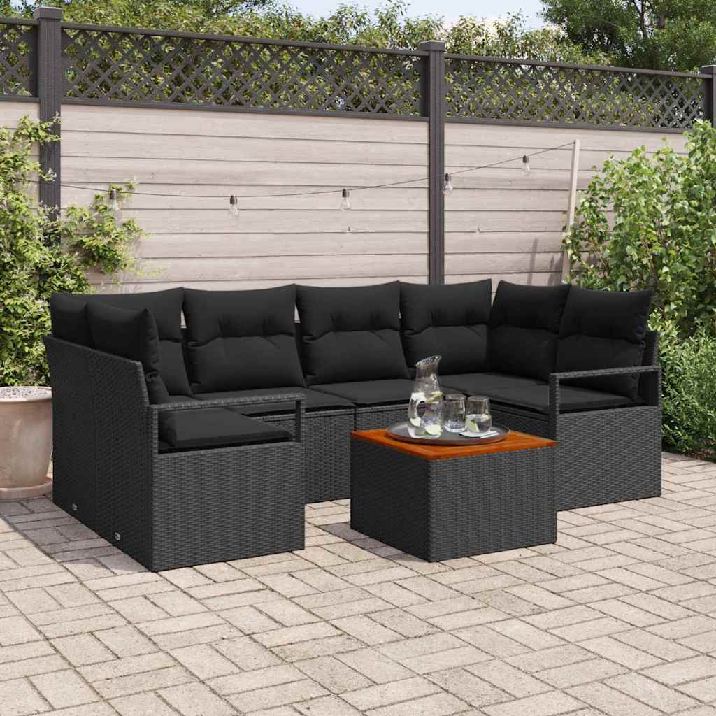 Set da giardino 7 pezzi con cuscini in polirattan nero e legno di acacia 3347660