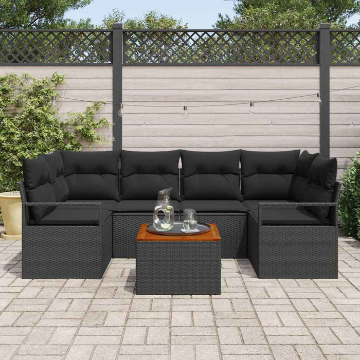 Set da giardino 7 pezzi con cuscini in polirattan nero e legno di acacia 3347660