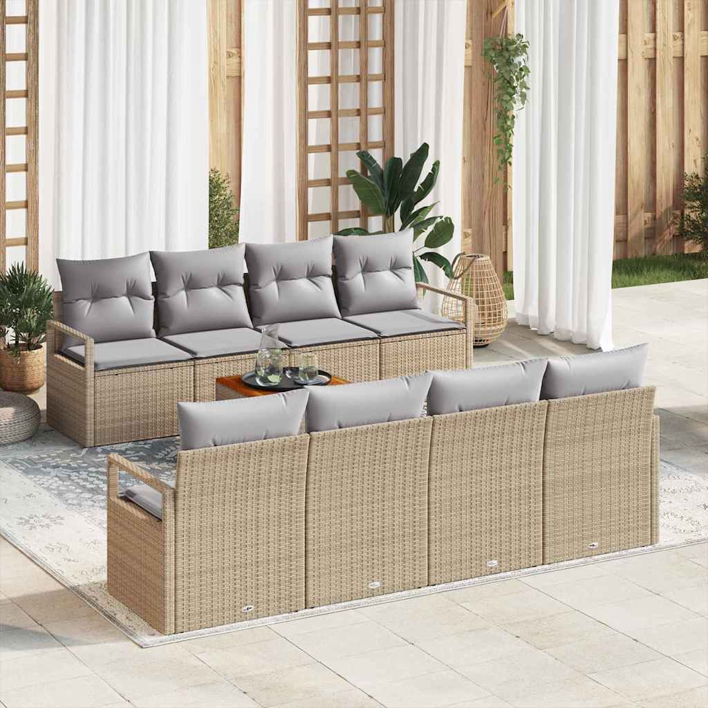 Set di divani da giardino 9 pezzi con cuscini beige in rattan sintetico e legno di acacia 3347679