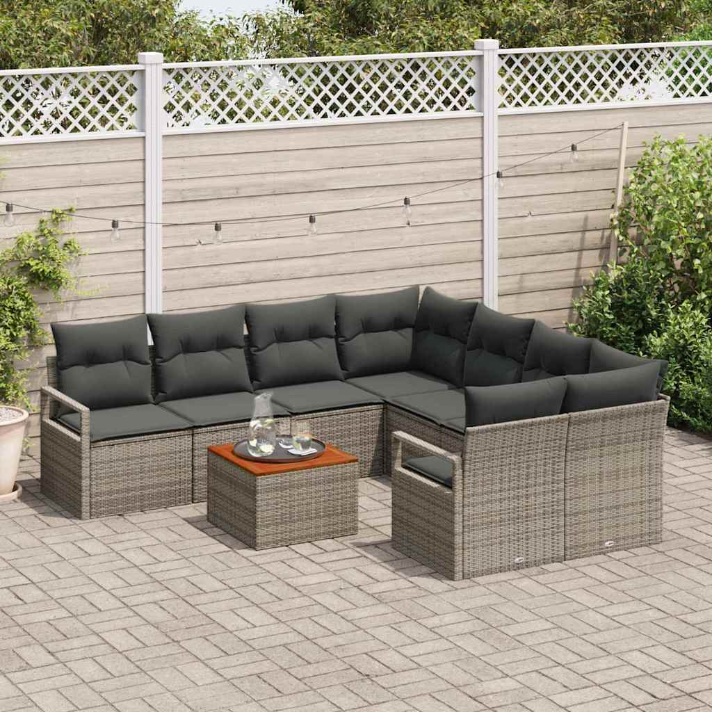 Set divano da giardino 9 pezzi con cuscini in rattan grigio e acacia 3347685
