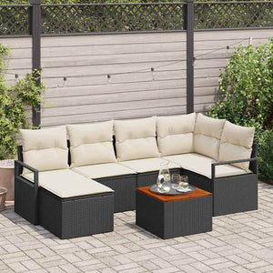 Set di Divani da Giardino a 7 Pezzi con Cuscini in Rattan Sintetico Nero e Acacia 3347726