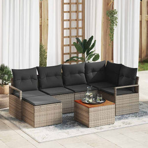Set di 7 Pezzi di Divani da Giardino con Cuscini Grigio in Rattan Sintetico e Acacia 3347727