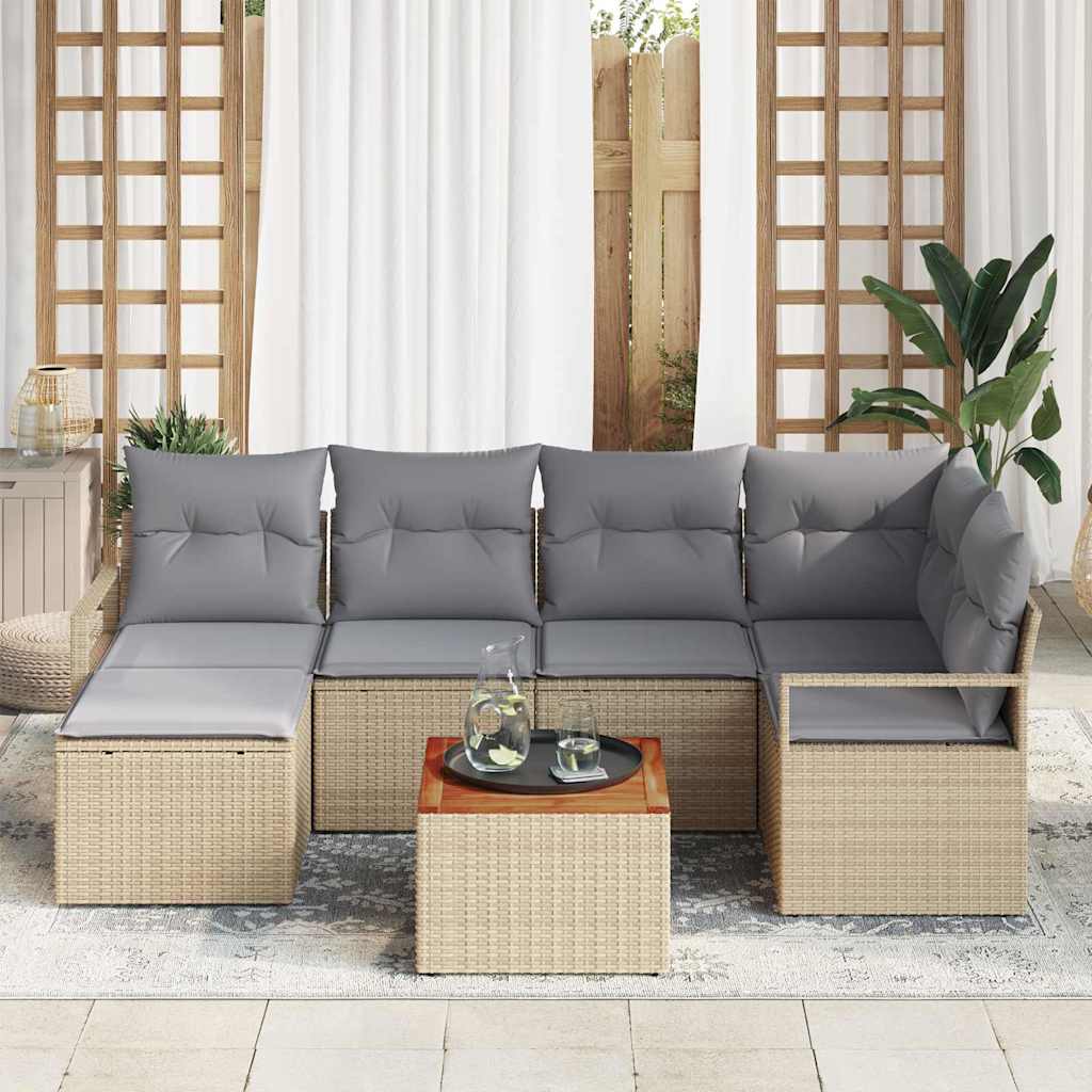 Set da Giardino 7 Pezzi  con Cuscini Beige in Rattan Sintetico e Acacia 3347728