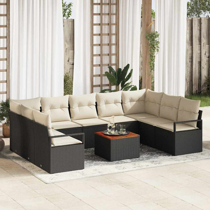 Set divano da giardino 10 pezzi con cuscini in rattan sintetico nero e acacia 3347747