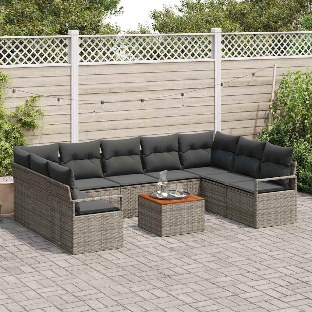 Set Giardino in Rattan Grigio da 10 Pezzi con Cuscini in Acacia 3347748