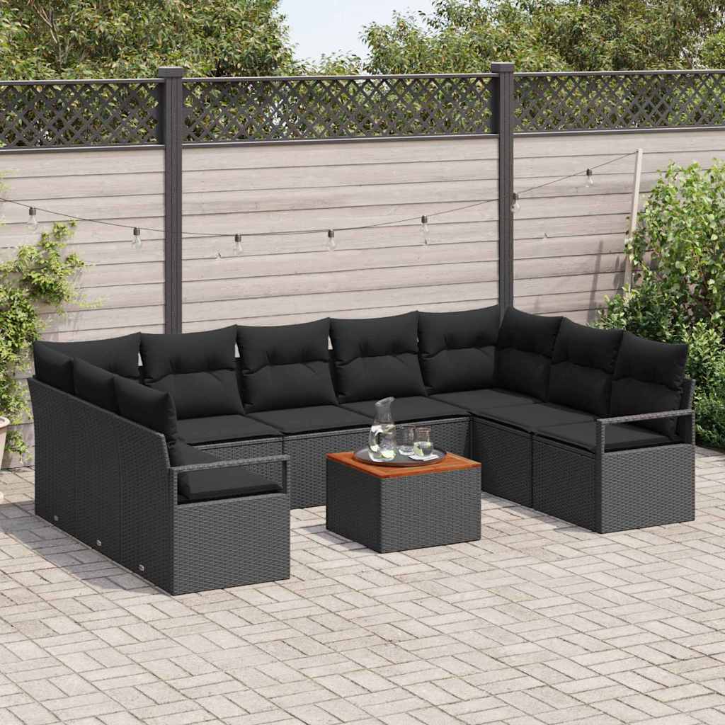 Set da giardino  in 10 pezzi con cuscini in rattan nero e legno di acacia 3347751