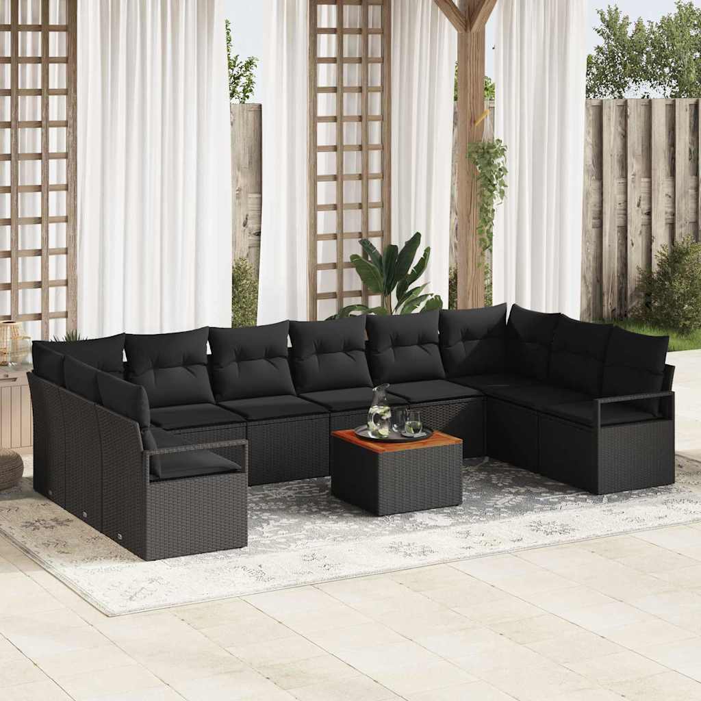 Set da giardino di 11 pezzi con cuscini in rattan nero e legno d'acacia 3347758