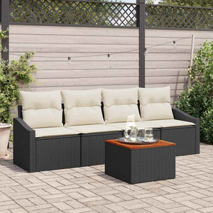 Set di divani da giardino 5 pezzi con cuscini in rattan polietilene nero e acacia 3347761
