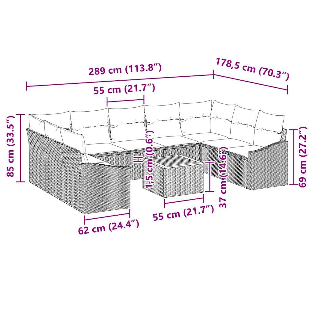 Set Divano da Giardino con cuscino 10 pcs Nero Poly Rattan 3347873