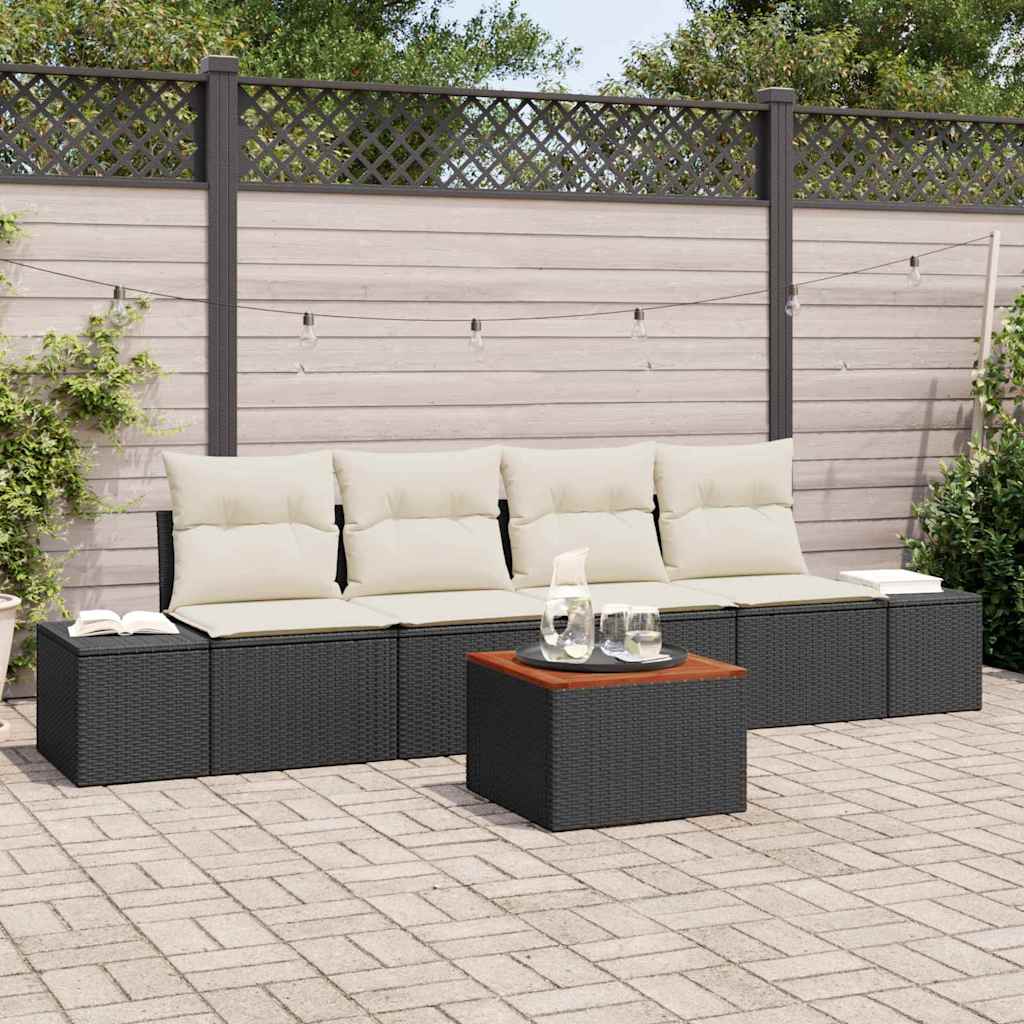 Set Divano da Giardino con cuscino 5 pz-Sofa da Giardino-Divanetto da esterno Nero Poly Rattan 748321