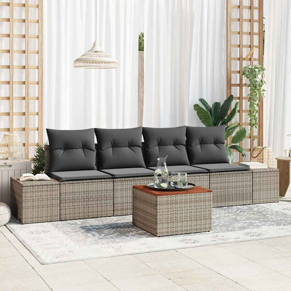 Set Divano da Giardino con cuscino 5 pz-Sofa da Giardino-Divanetto da esterno Grigio Poly Rattan 629687