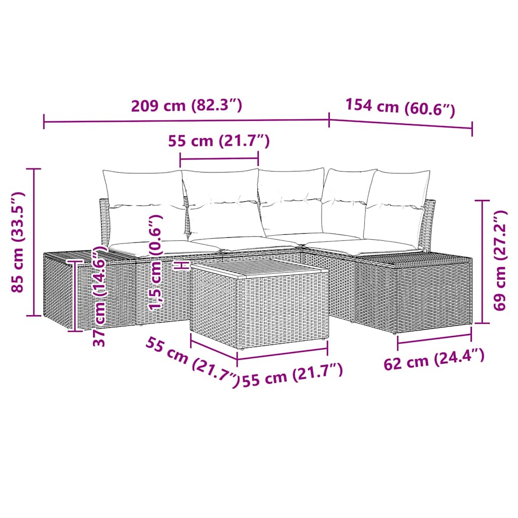 Set Divano da Giardino con cuscino 5 pz-Sofa da Giardino-Divanetto da esterno Nero polyrattan 625957