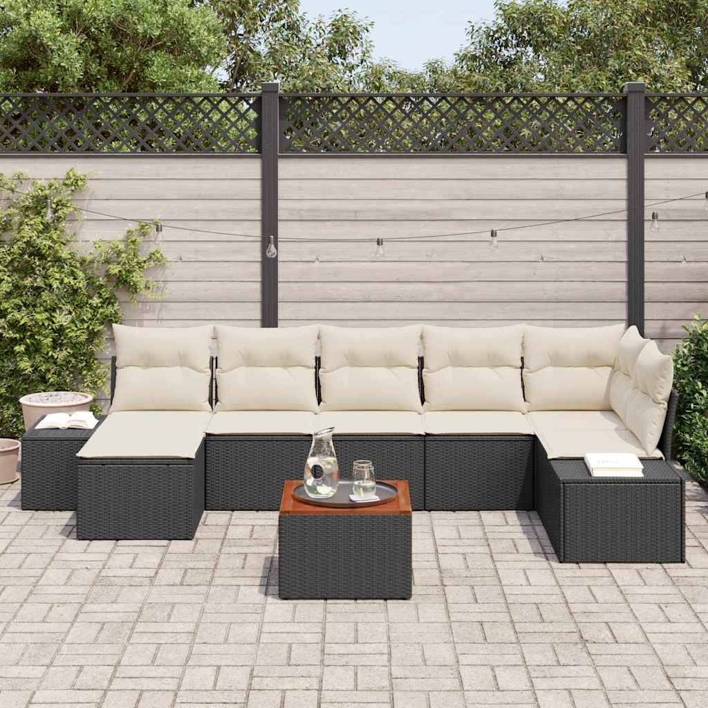 Set di divani da giardino 8 pezzi con cuscini in polirattan nero e Acacia 3347985