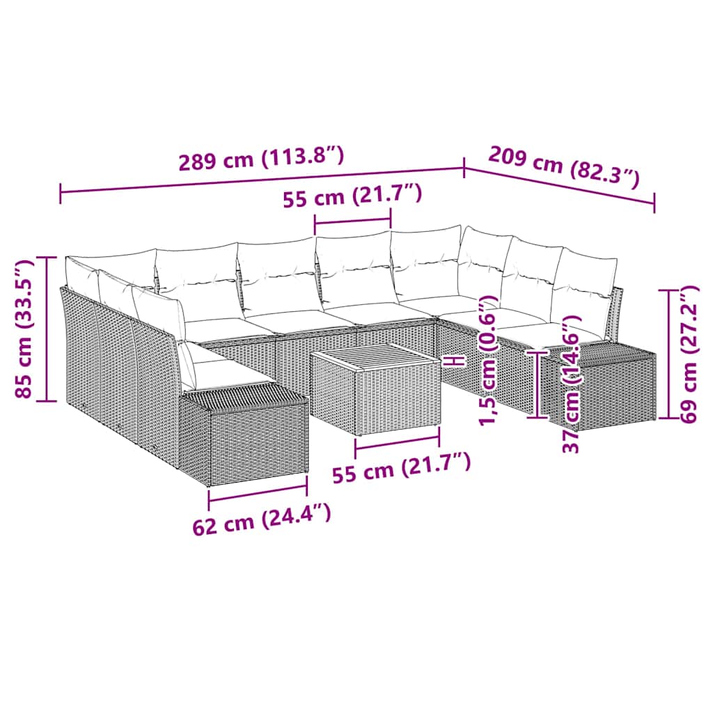 Set Divano da Giardino con cuscino 10 pcs Beige Poly Rattan 3348002