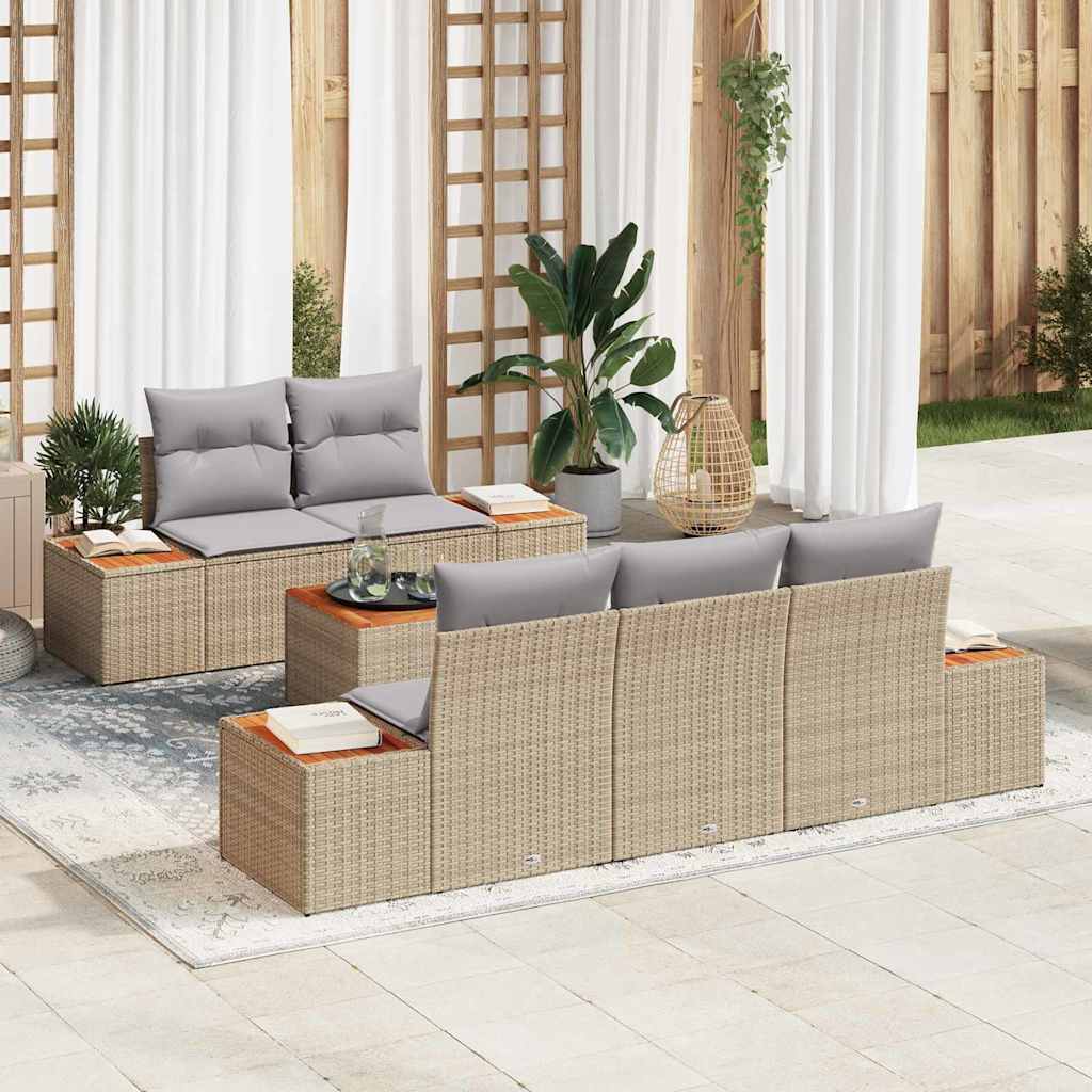 Set Divano da Giardino 6 Pezzi con Cuscini Beige in Polyrattan e Acacia 3348026