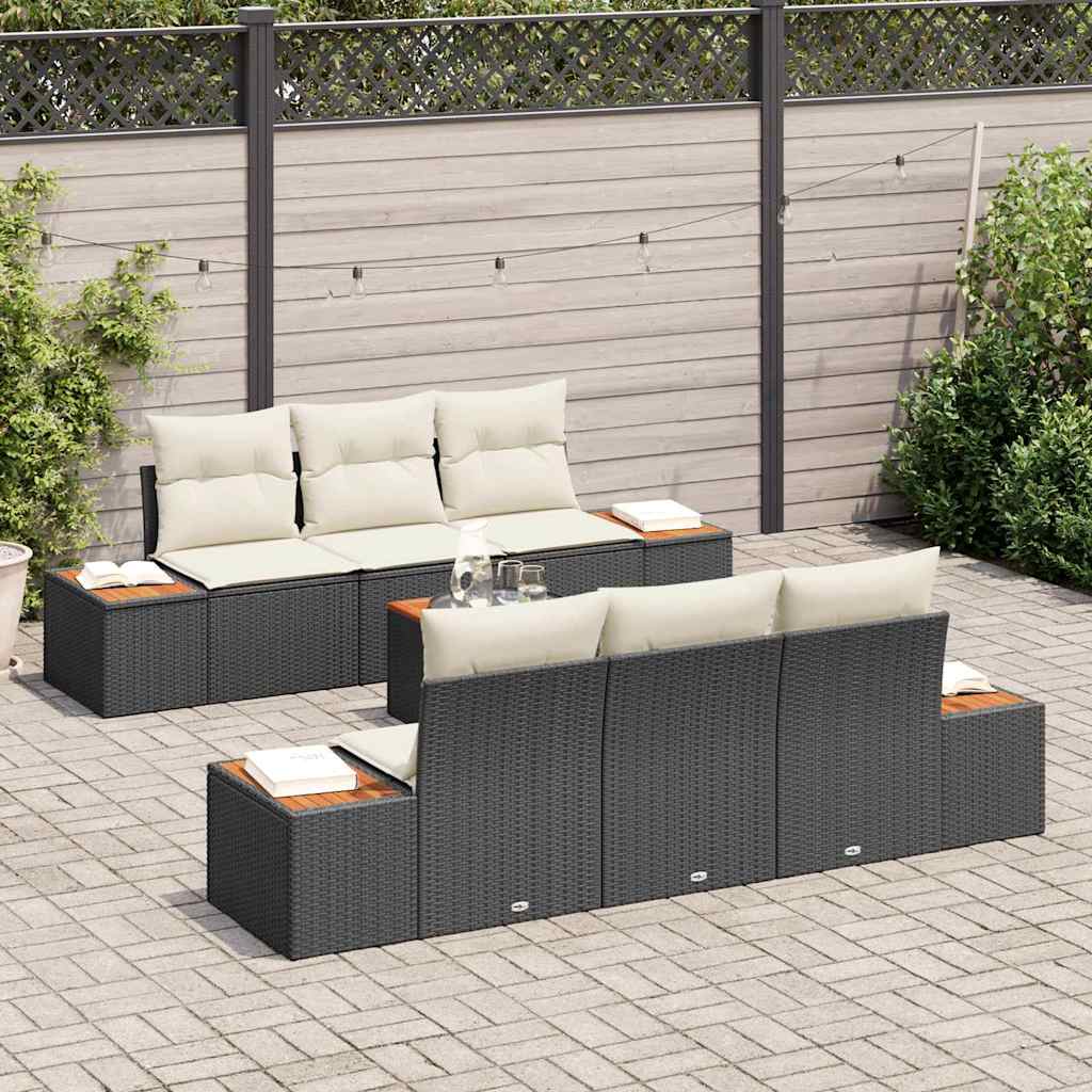 Set di divani da giardino di 7 pezzi con cuscini neri in rattan sintetico e legno d'acacia. 3348028