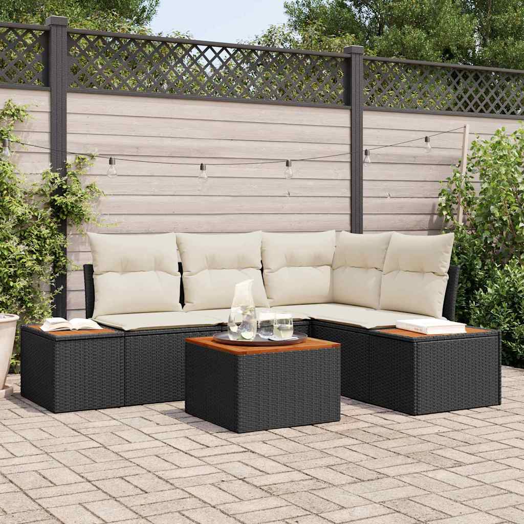 Set divano da giardino 5 pezzi con cuscini Nero Polyrattan Acacia 3348078
