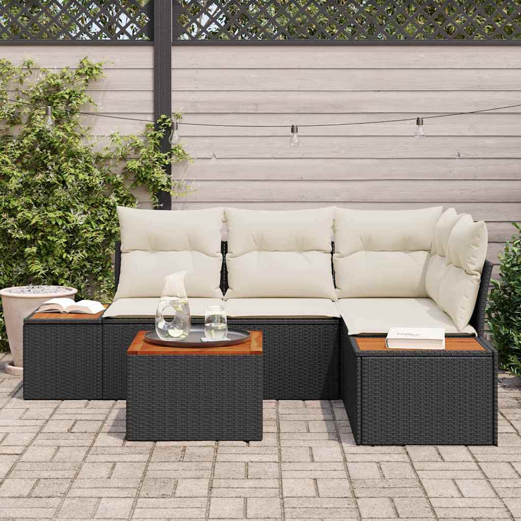 Set divano da giardino 5 pezzi con cuscini Nero Polyrattan Acacia 3348078