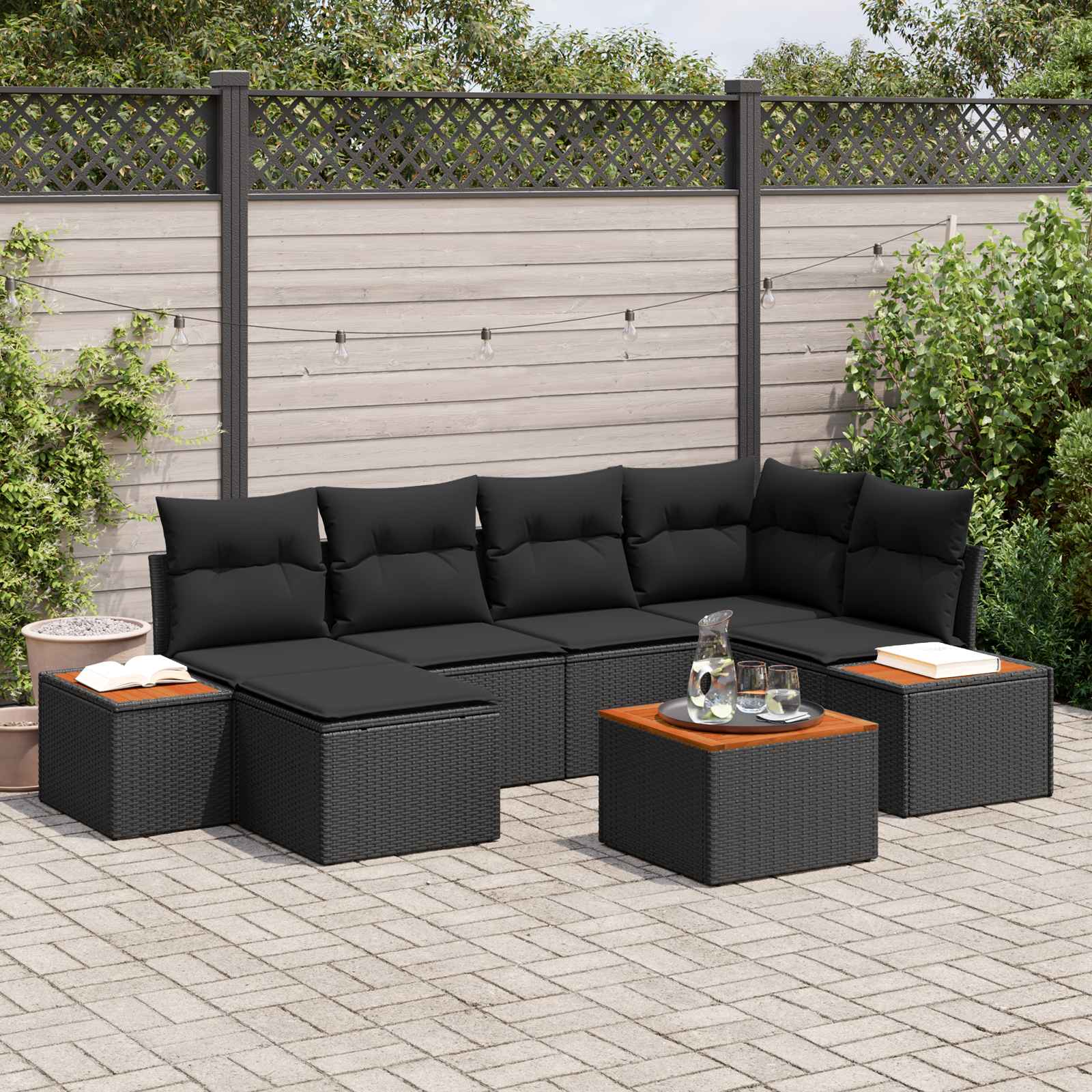 Set Divano da Giardino con cuscino 7 pcs Nero polyrattan 3348124