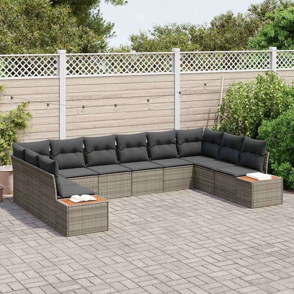 Set di Divani da Giardino 10 Pezzi con Cuscini Grigio Polyrattan Acacia 3348175
