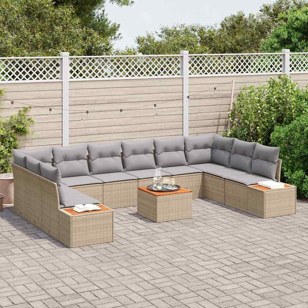 Set di Divano da Giardino da 11 Pezzi con Cuscini Beige in Polyrattan e Acacia 3348181