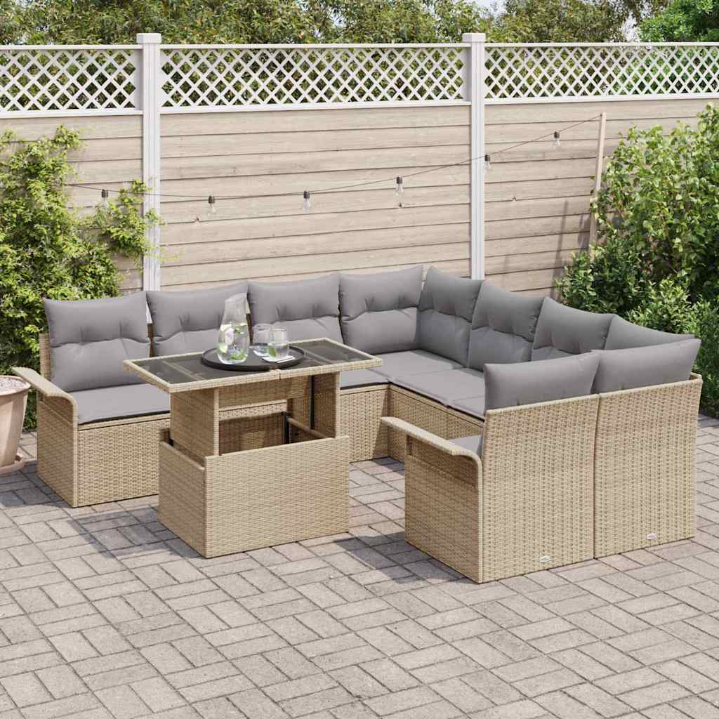 Set di Sofà da Giardino 9 Pezzi con Cuscini Beige in Rattan Sintetico 3348256