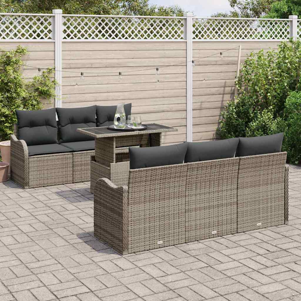 Set di divani da giardino a 7 pezzi in rattan sintetico, con cuscini grigi 3348385