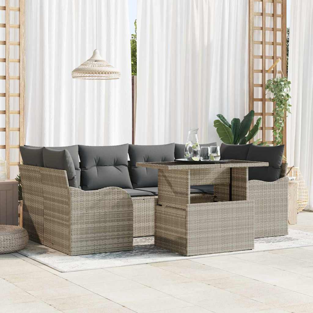 Set da Giardino  7 Pezzi con Cuscini Grigio Chiaro in Rattan e Poliestere 3348398