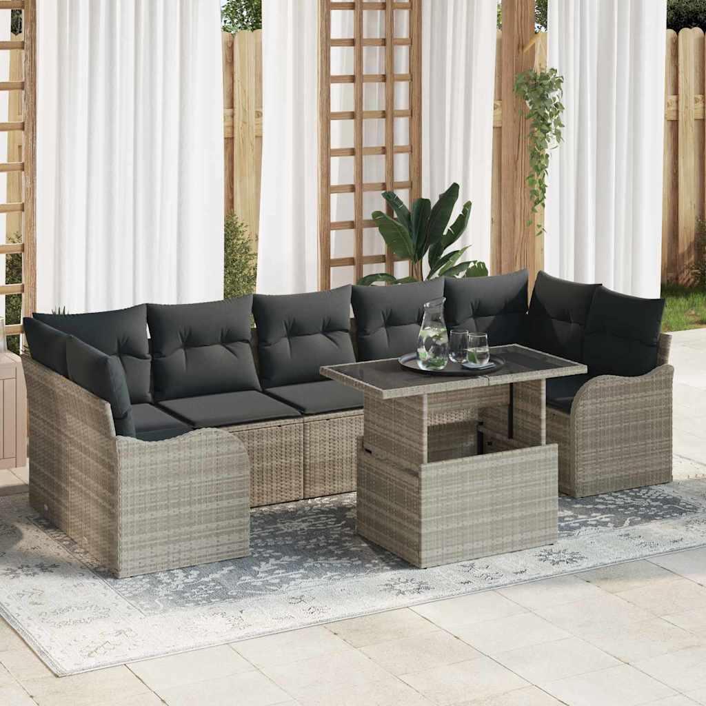 Set divano da giardino da 8 pezzi con cuscini grigio chiaro in polyrattan 3348418