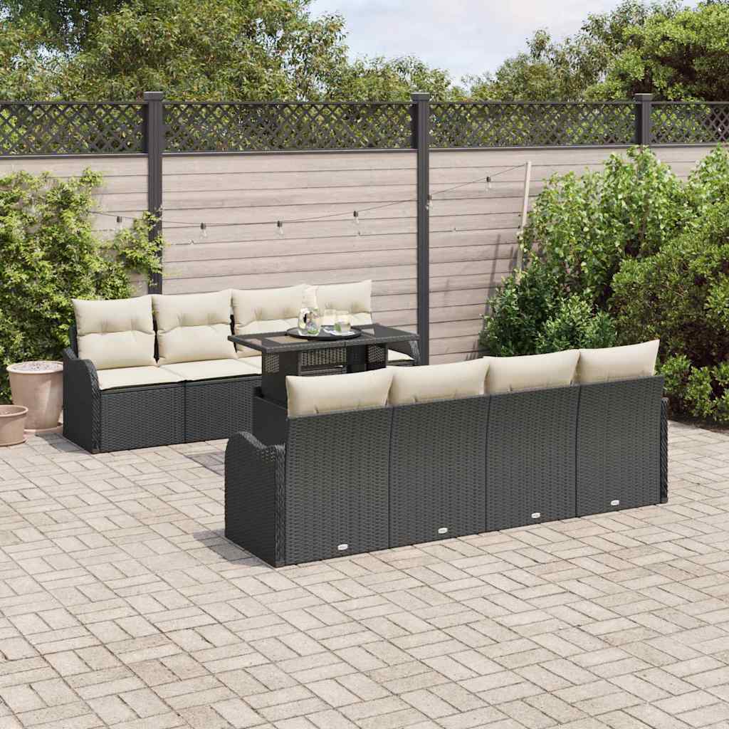 Set divani da giardino 9 pezzi  con cuscini in polirattan nero 3348423