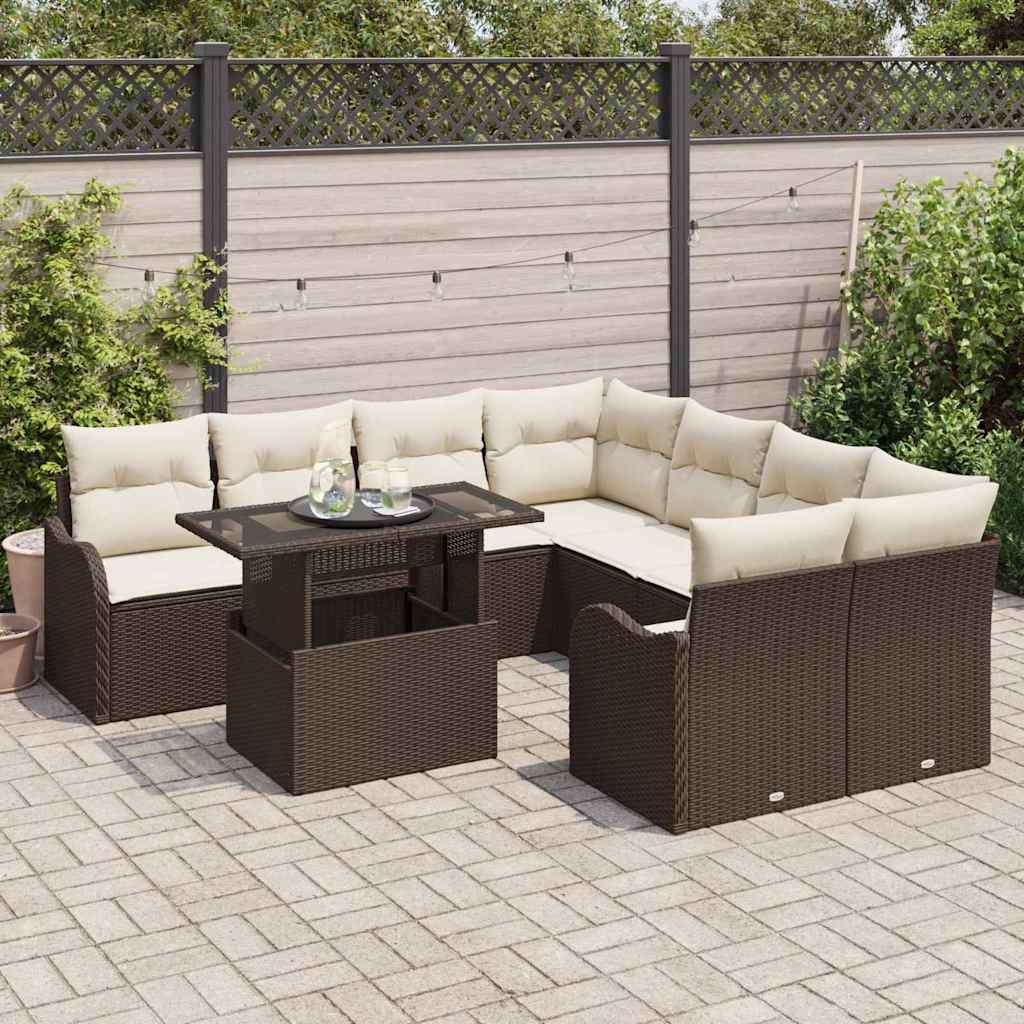 Set da giardino 9 pezzi con cuscini in polyrattan marrone 3348434