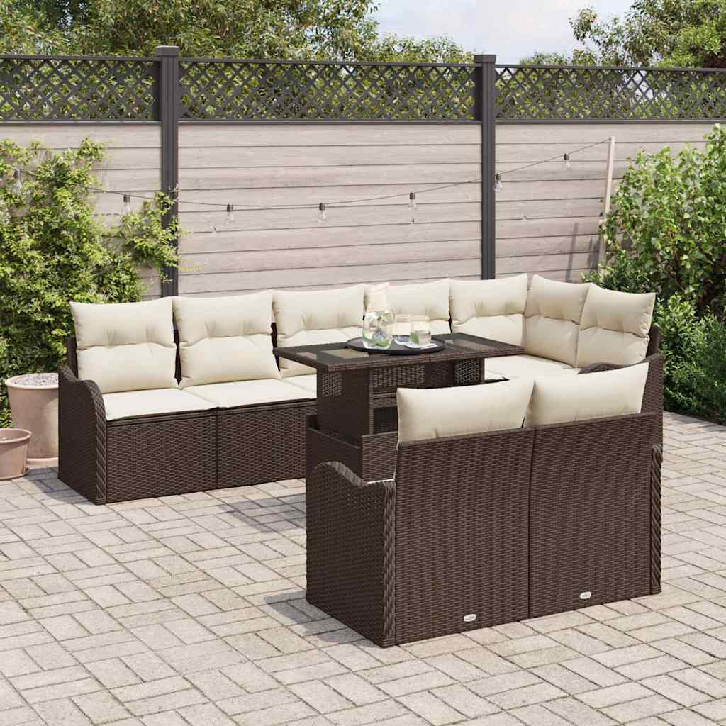 Set da giardino 9 pezzi con cuscini marroni in rattan sintetico 3348484