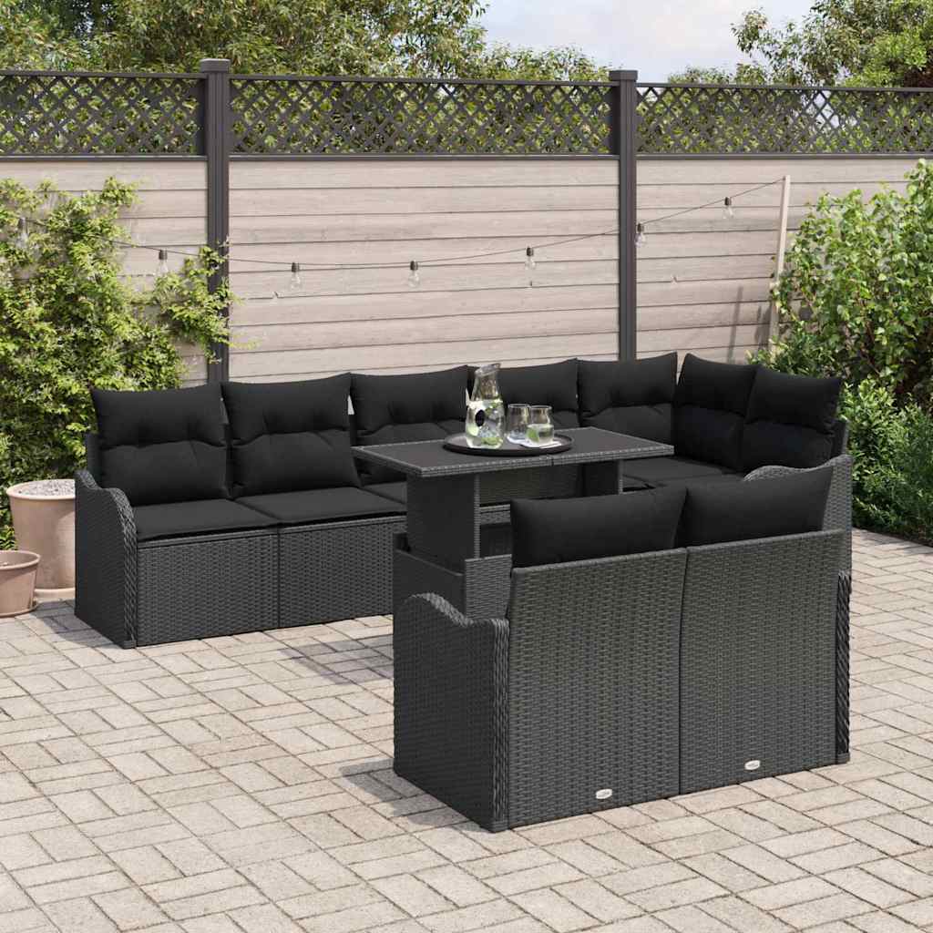 Set Divano da Giardino  9 Pezzi con Cuscini Neri in Rattan Sintetico 3348489