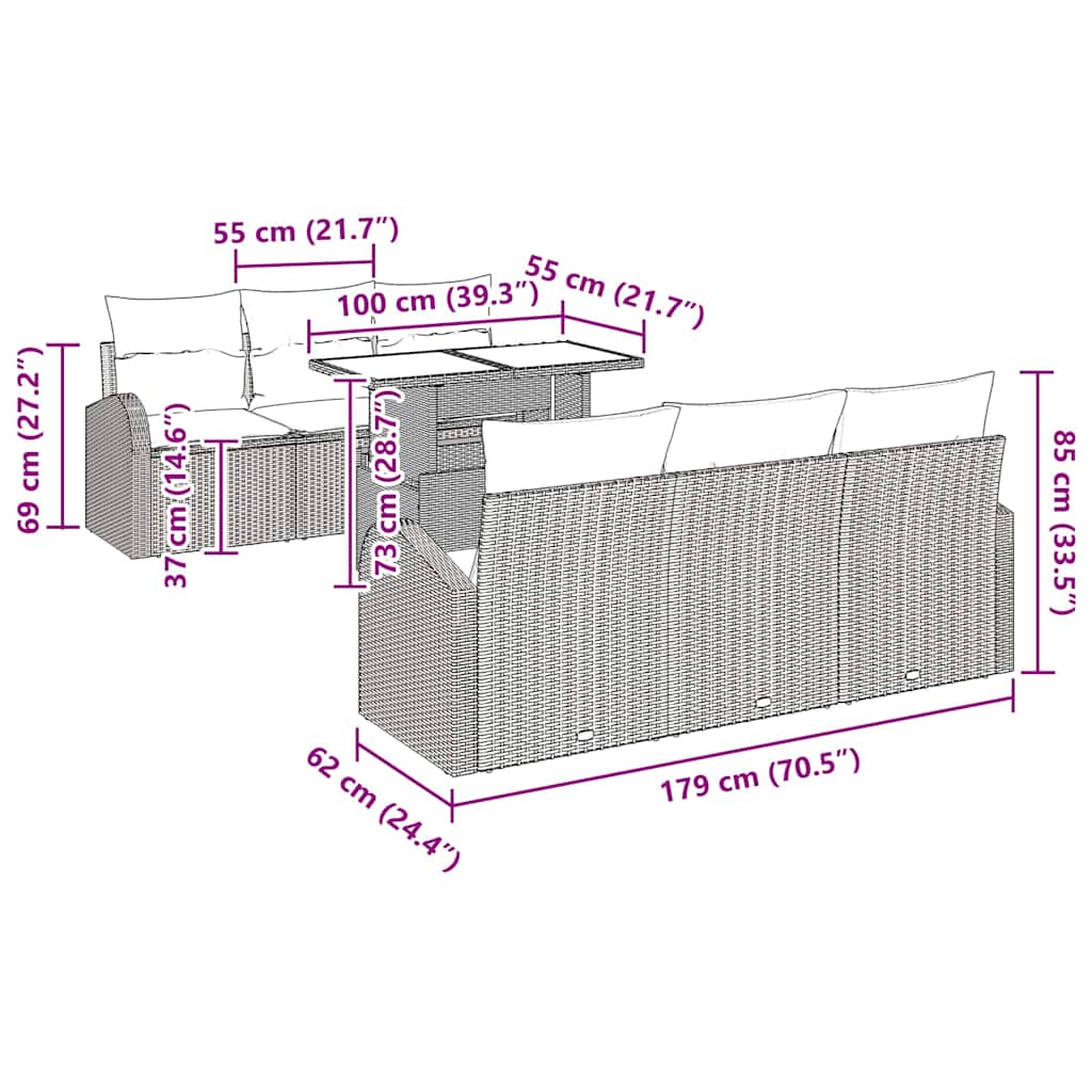 Set Divano da Giardino con cuscino 7 pcs Beige Poly Rattan 3348566