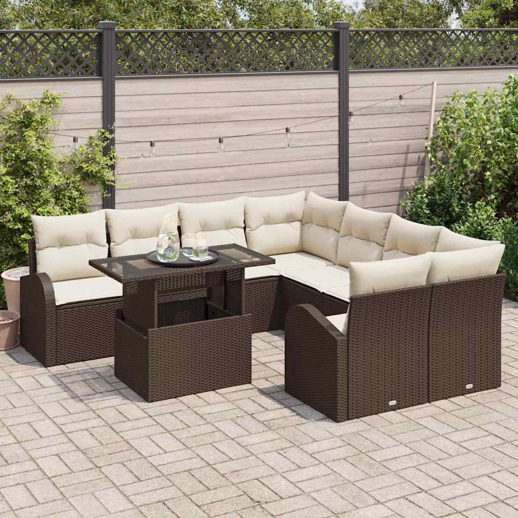 Set Divano da Giardino con cuscino 9 pcs Marrone Poly Rattan 3348614