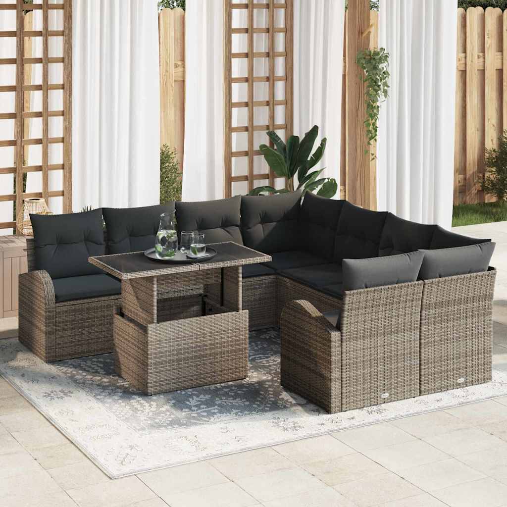 vidaXL Set Divano da Giardino con cuscino 9 pcs Grigio Poly Rattan