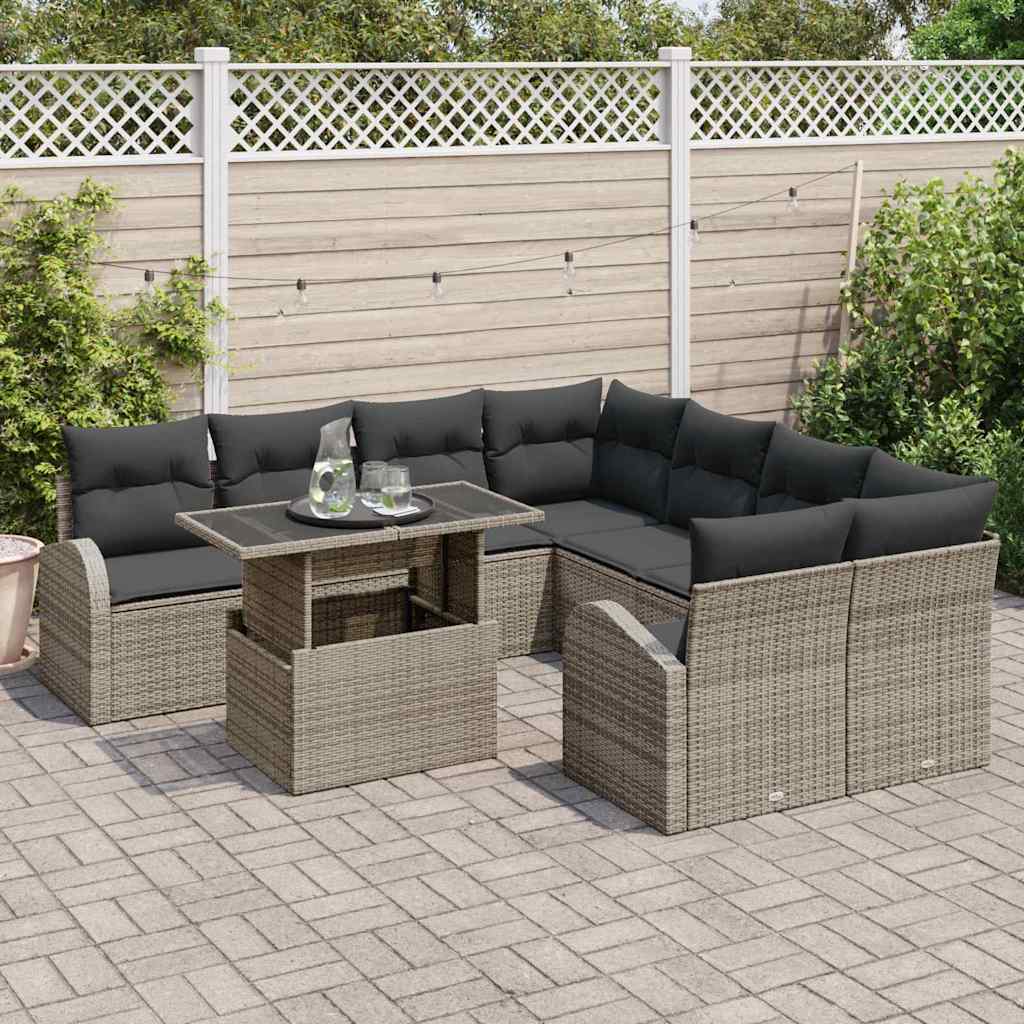 vidaXL Set Divano da Giardino con cuscino 9 pcs Grigio Poly Rattan