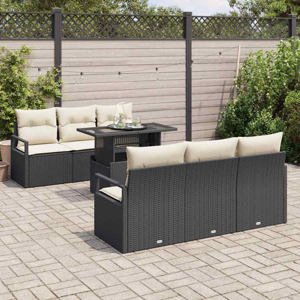 Set di divani da giardino di , 7 pezzi con cuscini neri in rattan plastico. 3348743