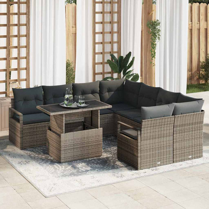 Set divano da giardino 9 pezzi con cuscini in rattan poliolefinico grigio 3348795