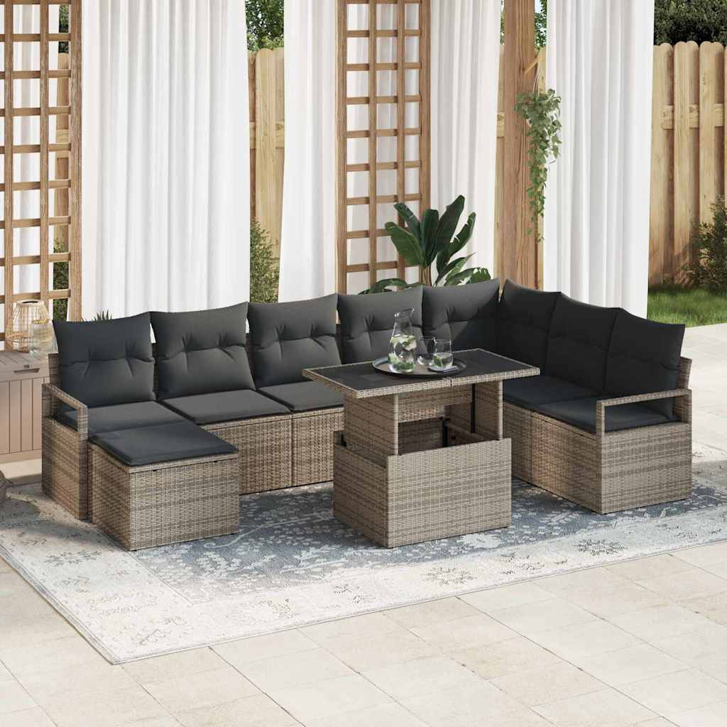 Set di Divani da Giardino 9 Pezzi con Cuscini Grigi in Rattan Sintetico 3348875