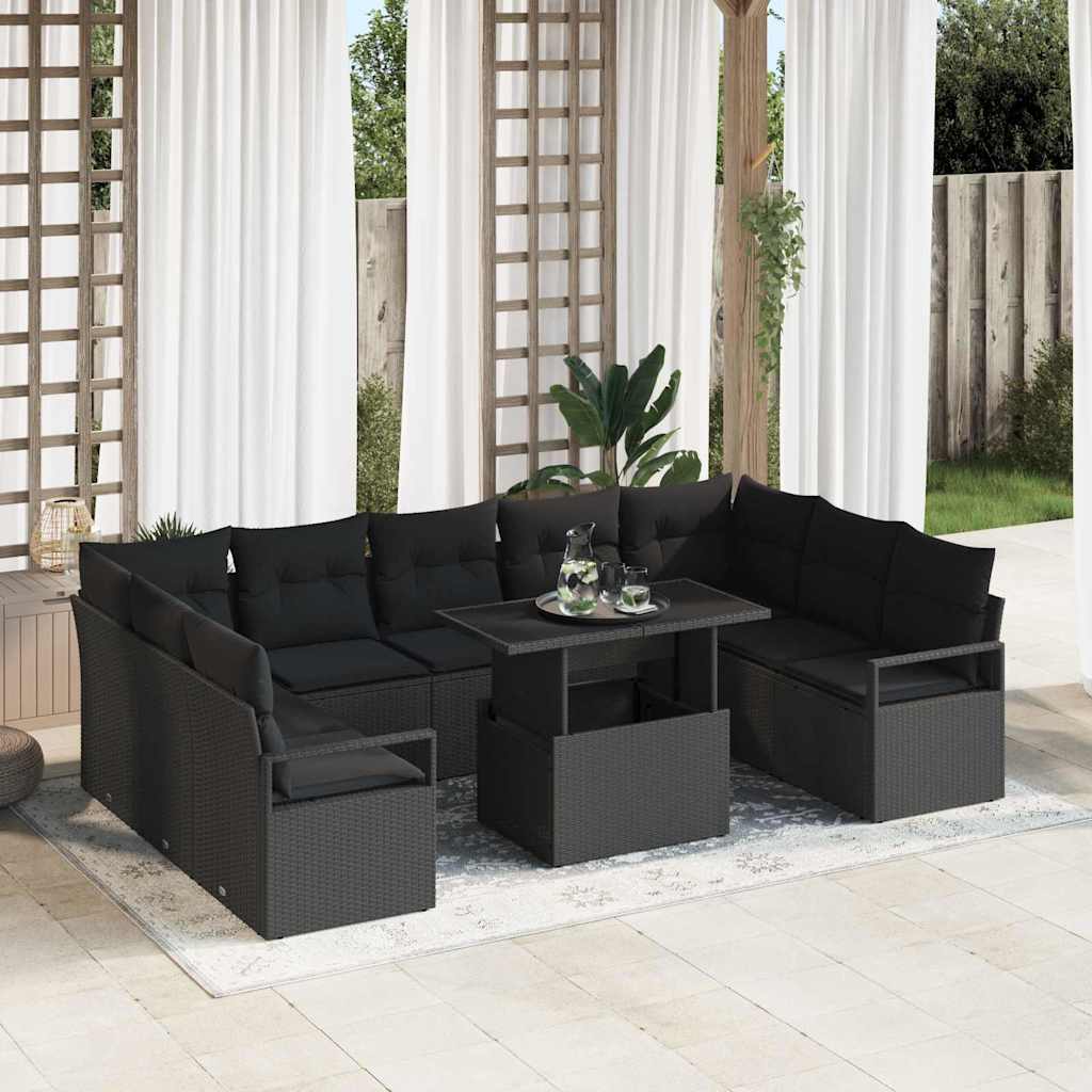 Set di divani da giardino da 10 pezzi con cuscini neri in poly rattan 3348889
