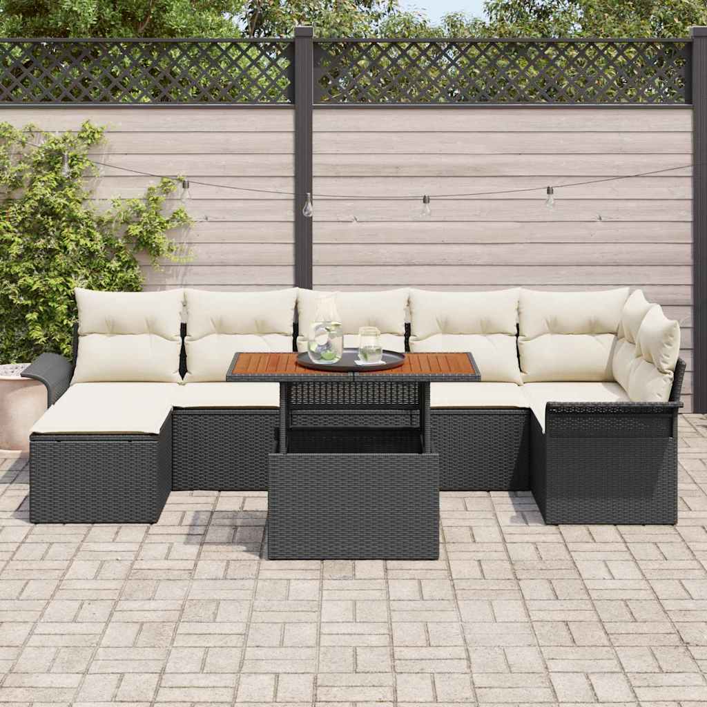 Set da pranzo da giardino  da 8 pezzi con cuscini in rattan poliuretano nero e legno di acacia. 3349361