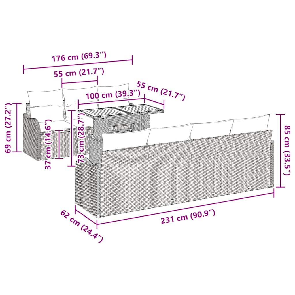 Set divani da giardino 8 pezzi  con cuscini grigi in rattan sintetico e legno d'acacia 3349418
