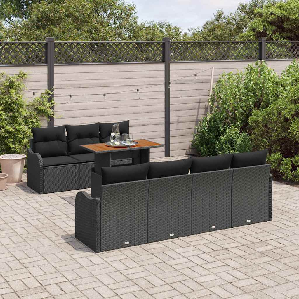 Set Giardino  da 8 Pezzi con Cuscini in Rattan Polyrattan Nero e Acacia 3349421
