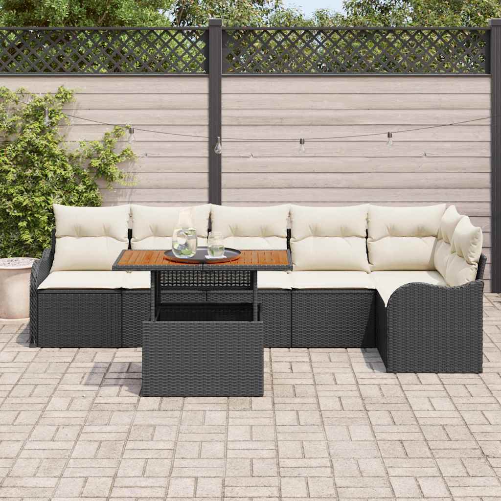 Set di divani da giardino 7 pezzi di  con cuscini in rattan sintetico nero e legno di acacia 3349466