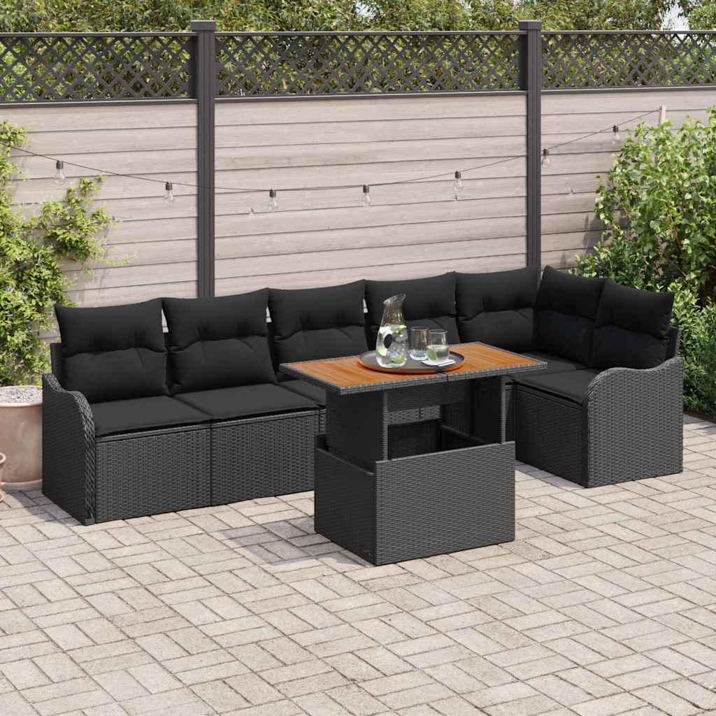Set di divani da giardino 7 pezzi con cuscini in rattan nero e legno di acacia. 3349470